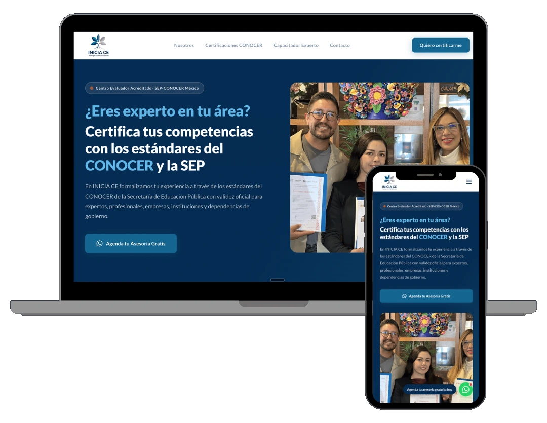 Sitio web de Inicia CE para captar profesionales interesados en certificarse, visto en laptop y móvil
